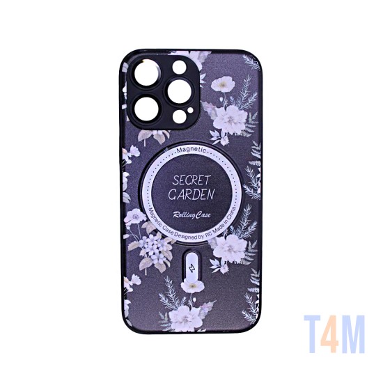 Capa Magnetic com Desenho De Flores para Apple iPhone 14 Pro Max Preto